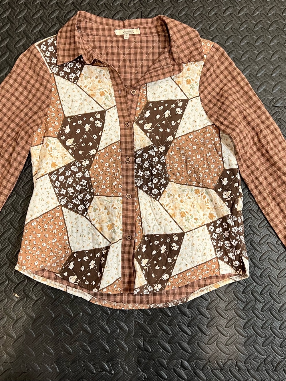 gimmicks by BKE Patchwork Button-Down Shirt in Brown, Cream